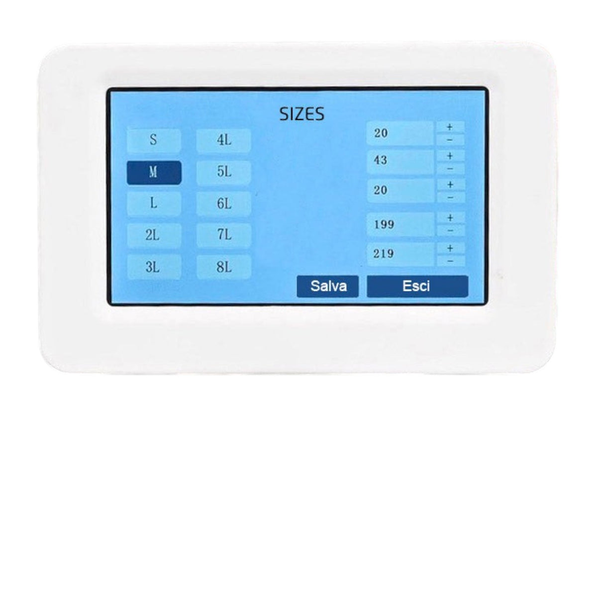 Supra Sewing Online, Llc Jack JK-797TDI sewing machine touch screen control panel displaying sizes and settings.