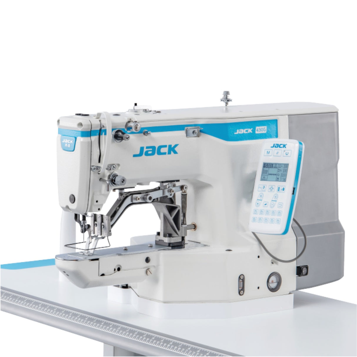 Supra Sewing Online, Llc Jack JK-T430G-02-Z/P direct drive electronic bar tacker sewing machine with blue accents and digital display.