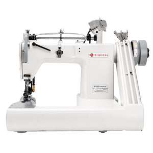 Supra Sewing Online, Llc SINGER 811C-264M-2PL white industrial sewing machine with two needles and top/bottom puller for lap seams.