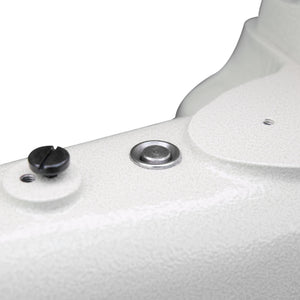 Supra Sewing Online, Llc Speedway SW 8B-2A industrial sewing machine detail, white textured finish with black screw and silver cap.