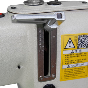 Supra Sewing Online, Llc Speedway SW 8B-2A industrial sewing machine detail showing stitch length adjustment lever and caution labels.