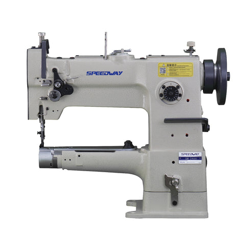 Supra Sewing Online, Llc Speedway SW 246 industrial sewing machine with unison feed for tubular items. Beige metal.