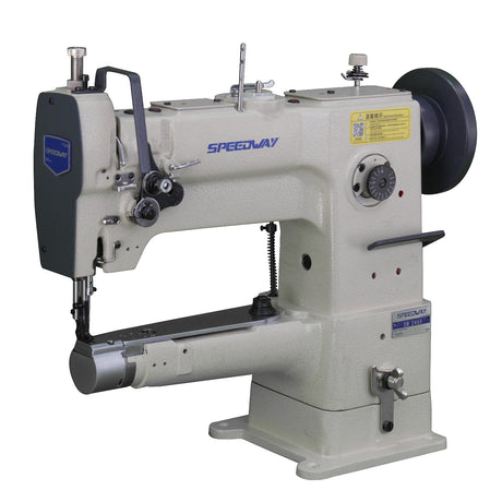 Supra Sewing Online, Llc Speedway SW 246 industrial sewing machine with unison feed and double capacity hook. Beige metal.