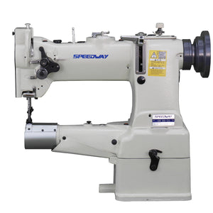 Supra Sewing Online, Llc Speedway SW 8B-2A cylinder bed industrial sewing machine with compound walking foot and automatic lubrication. Heavy-duty for leather and upholstery.