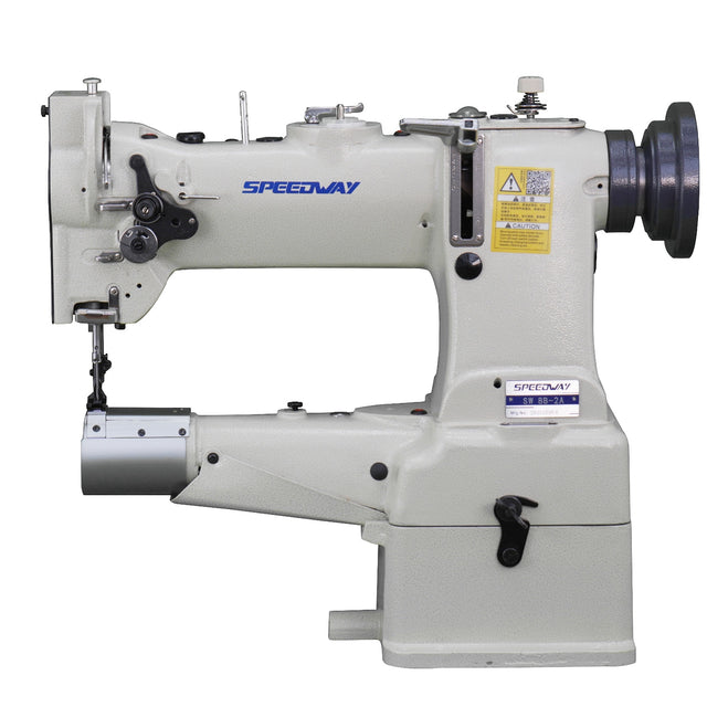 Supra Sewing Online, Llc Speedway SW 8B-2A cylinder bed industrial sewing machine with compound walking foot and automatic lubrication. Heavy-duty for leather and upholstery.