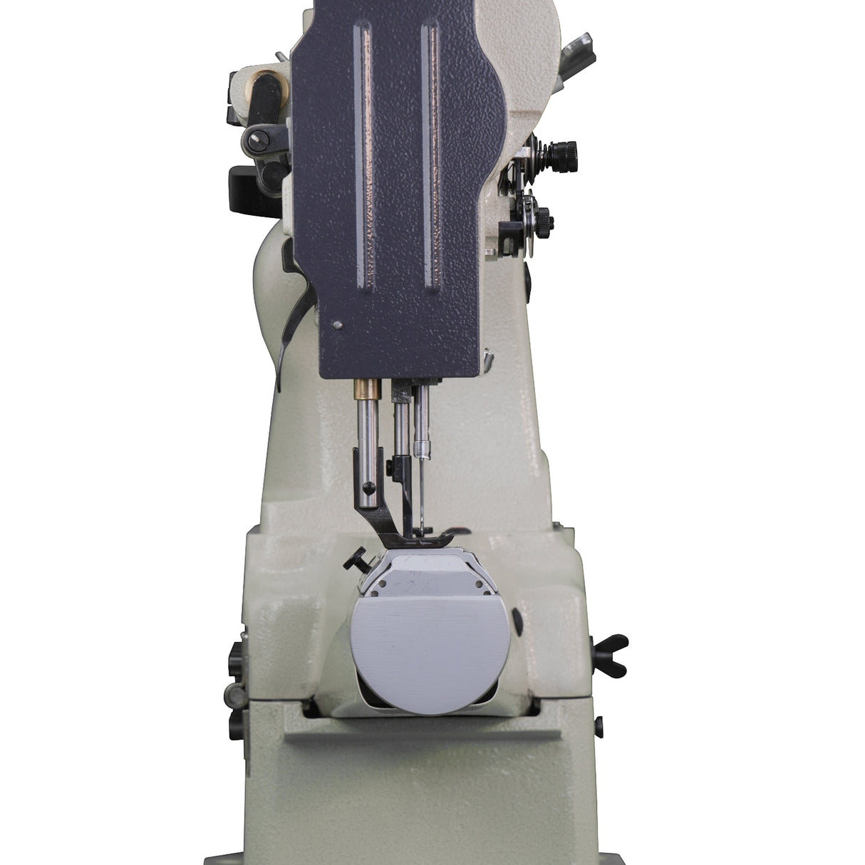 Supra Sewing Online, Llc Speedway SW 8B-2A industrial sewing machine with compound walking foot and Japanese hook. Beige metal.