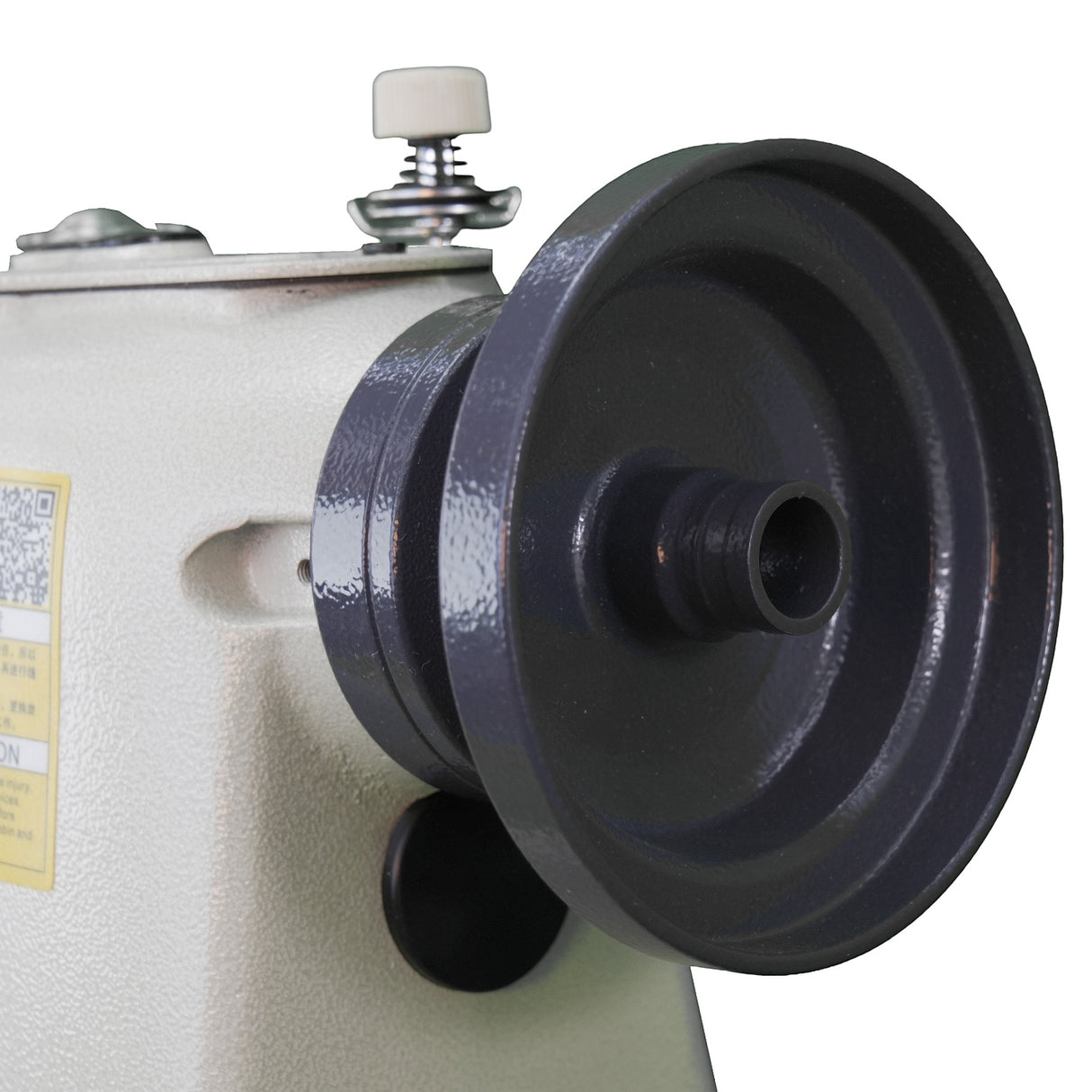 Supra Sewing Online, Llc Speedway SW 8B-2A industrial sewing machine pulley detail. Heavy-duty machine for leather and upholstery.