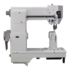 Supra Sewing Online, Llc Speedway SW 9910 industrial sewing machine with post bed, roller foot, and triple feed for leather, caps, and footwear.