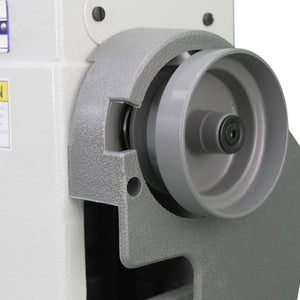 Supra Sewing Online, Llc Speedway SW 9910 industrial sewing machine pulley detail. Grey metal.