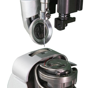 Supra Sewing Online, Llc Speedway SW 9910 industrial sewing machine needle and bobbin case. Features triple feed roller foot.