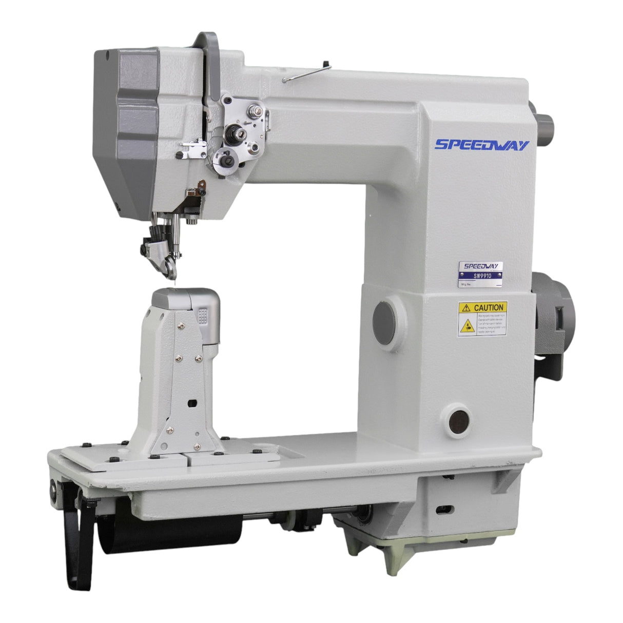Supra Sewing Online, Llc Speedway SW 9910 post bed industrial sewing machine with roller foot for leather, caps, and footwear.