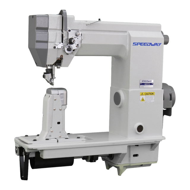 Supra Sewing Online, Llc Speedway SW 9910 post bed industrial sewing machine with roller foot for leather, caps, and footwear.