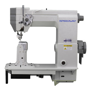 Supra Sewing Online, Llc Speedway SW 9910 industrial sewing machine with post bed, roller foot, and triple feed for leather, caps, and footwear.