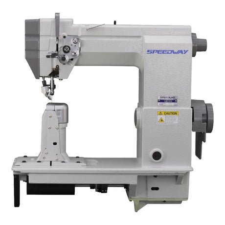 Supra Sewing Online, Llc Speedway SW 9910 industrial sewing machine with post bed, roller foot, and triple feed for leather, caps, and footwear.